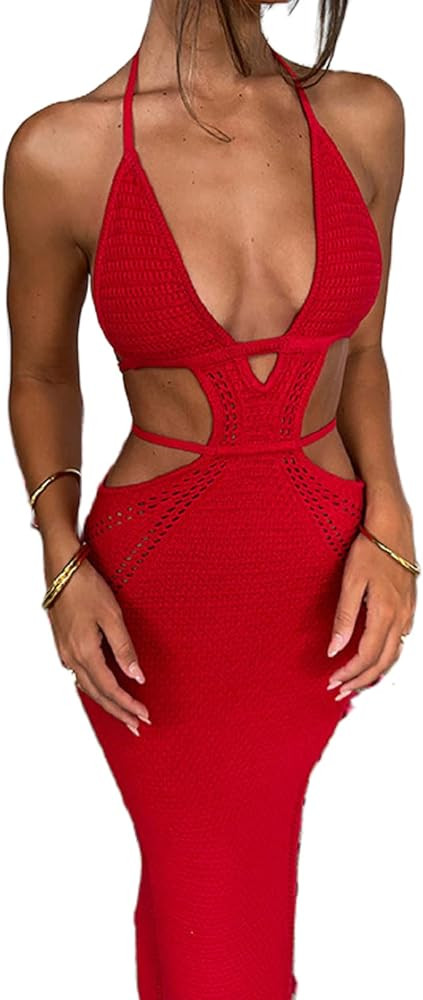 NUFIWI Womens Sexy Knitted Cut Out Spaghetti Strap Long Dresses Halter Neck Backless Maxi Dress C... | Amazon (US)