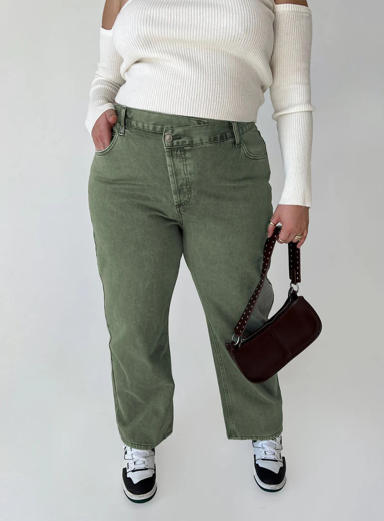 Holly Asymmetric Straight Leg Jean Green Denim Curve | Princess Polly US