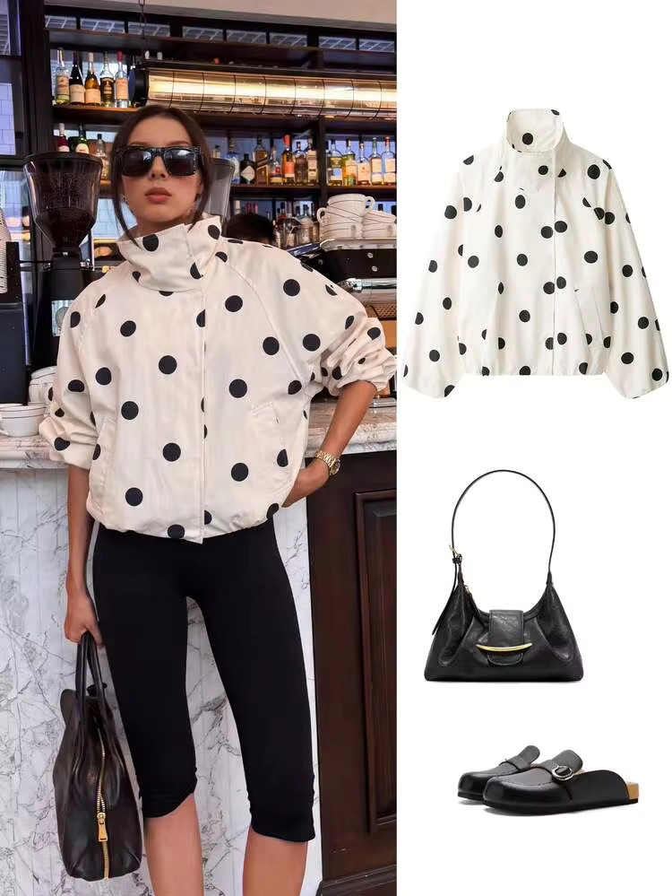 ACKCER Women's Fall & Winter Cream Black Polka Dot Stand Collar Batwing Long Sleeve Loose Oversiz... | SHEIN