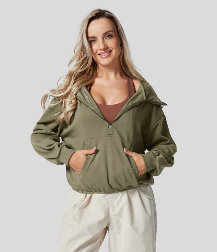 Hooded Drawcord Half Zip Long Sleeve Kangaroo Pocket Casual Sweatshirt | HALARA