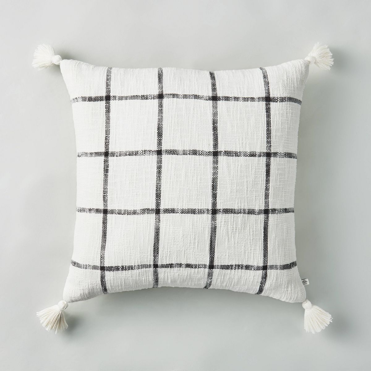 24"x24" Woven Slub Checkered Throw Pillow with Tassels Cream/Gray - Hearth & Hand™ with Magnoli... | Target