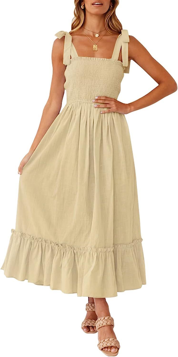 MUXERI Women's Bohemian Summer Spaghetti Strap Sleeveless Backless Smocked Flowy A Line Maxi Dres... | Amazon (US)