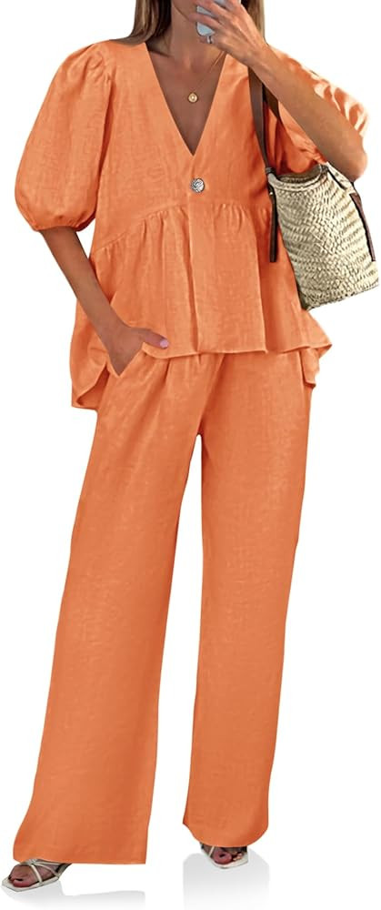 Tankaneo Womens 2 Piece Linen Sets Summer Vacation Outfits V Neck Puff Sleeve Babydoll Tops Wide ... | Amazon (US)