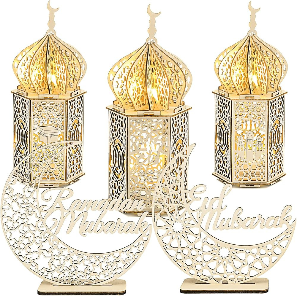 5 Pieces EID Decorations Ramadan Kareem Tabletop Ornaments LED Ramadan Lanterns 3D Handmade Woode... | Amazon (US)
