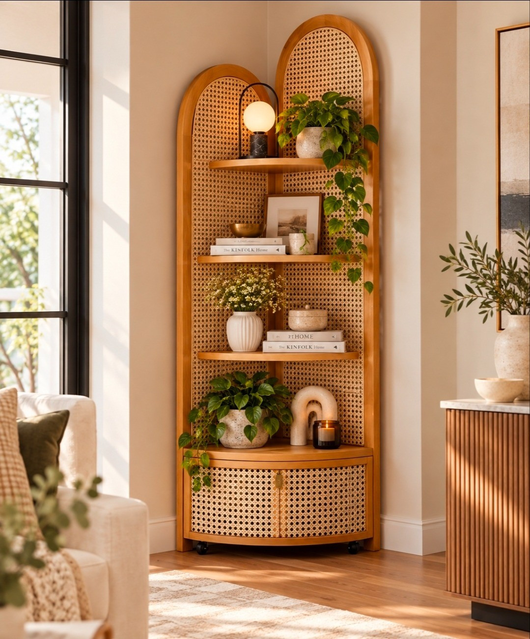 Okay, this might be one of my favorite ways to use an awkward empty corner 😍 I love how a tall corner cabinet gives you extra storage and a place to style your favorite decor without taking up much floor space. The warm wood, rattan, greenery and neutral pieces make it feel so cozy and put together.

#LTKU #LTKHome