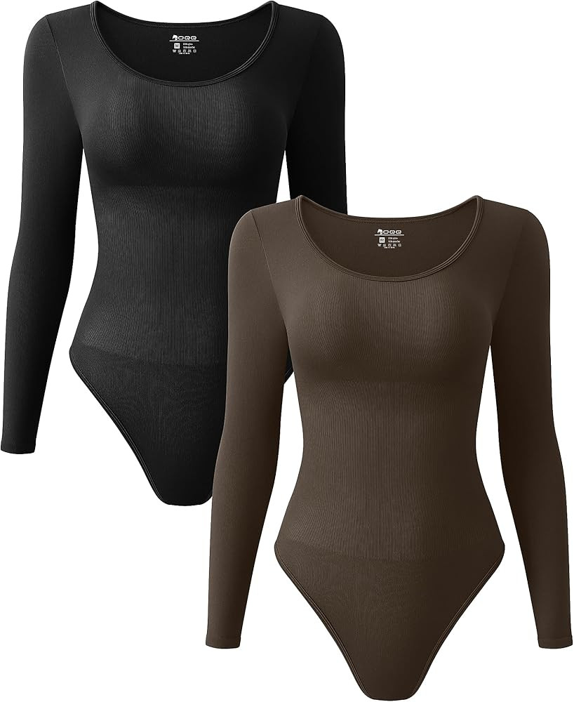 OQQ Women's 2 Piece Bodysuits Sexy Ribbed One Piece Long Sleeve Crew Neck Tops Bodysuits | Amazon (US)