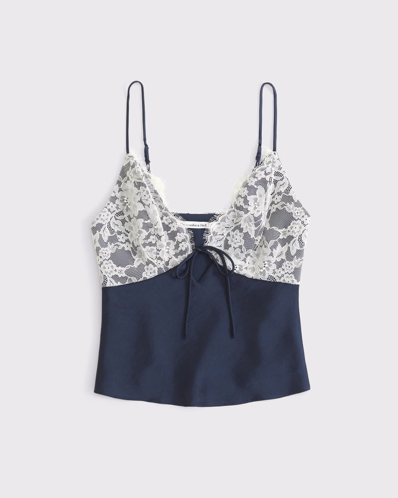 Abercrombie & Fitch Women's Lace and Satin V-Neck Cami in Dark Indigo - Size XL | Abercrombie & Fitch (US)