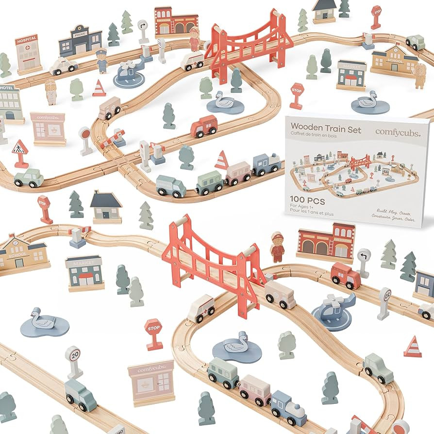 Comfy Cubs 100-Piece Wooden Train Set for Toddlers Ages 1+, Fun & Eco Friendly Toddler Train Set ... | Amazon (US)