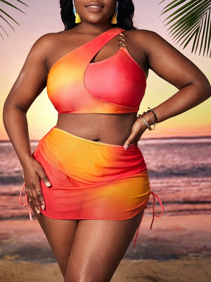 SHEIN Slayr Summer Beach Plus Ombre One Shoulder Bikini Swimsuit With Beach Skirt | SHEIN