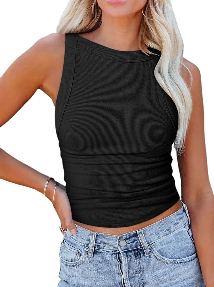 Remidoo Women's Open Back Crop Top Backless Shirt Ribbed Knit Strappy Tank Tops | Amazon (US)