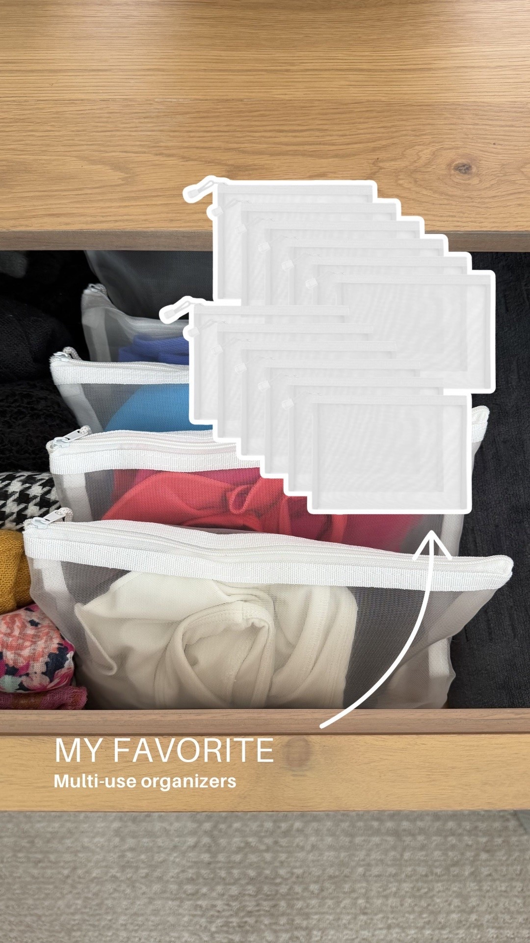 Mesh bags to organize anything! 

Zippered bags to store your swimsuits

Closet organization
Drawer organization
Travel organization

#LTKHome