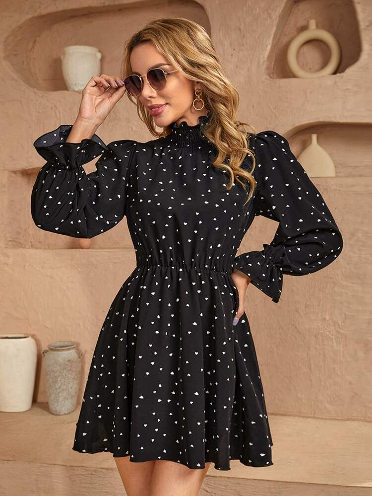 EMERY ROSE Confetti Heart Print Flounce Sleeve Shirred Neck Dress | SHEIN