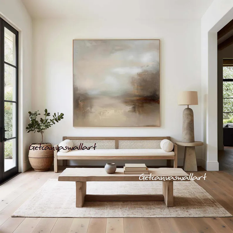 Vintage Muted Landscape Oil Painting Large Beige Wall Art Abstract Lake Landscape Canvas Art Hand... | Etsy (US)