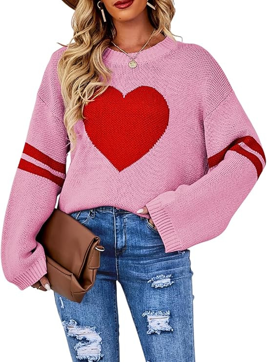 Kaei&Shi Women Cute Heart Sweater,Pattern Pullover Sweaters Sweatshirt,Striped Sleeve Loose Fit V... | Amazon (US)