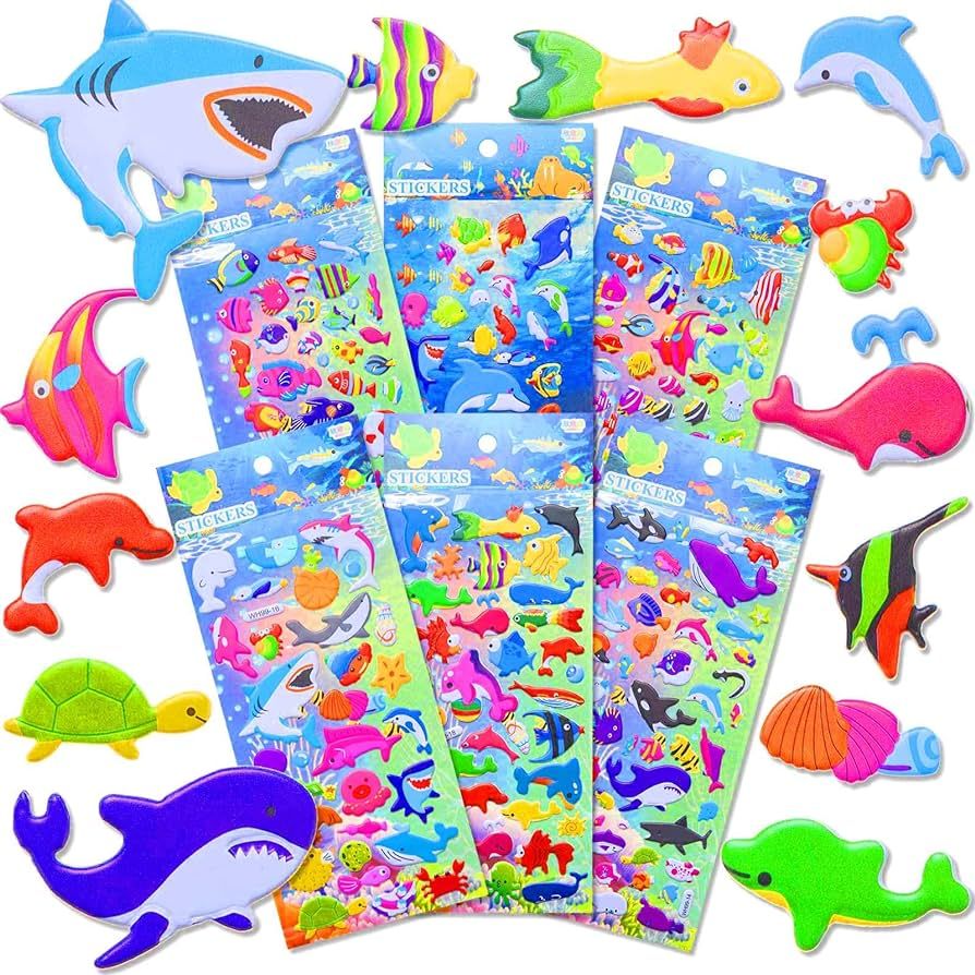 3D Puffy Ocean Animal Stickers for Kids, 6 Packs Cute Foam Fish Stickers with Assorted Sea Creatu... | Amazon (US)