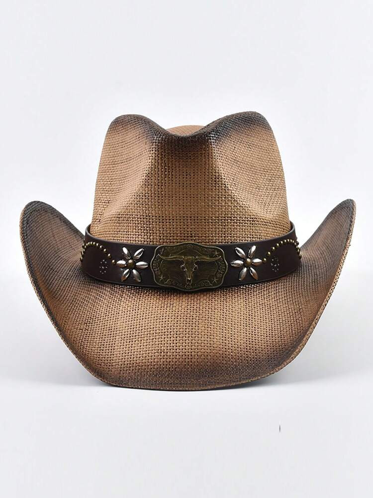 Boho 1pc Women's Western Style Straw Hat Summer Panama Beach Sun Hat Vintage Cowgirl Jazz Cap Cow... | SHEIN