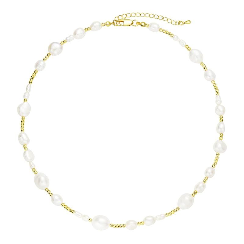 HJO Handmade Freshwater Pearl 18K Gold Plated Brass Beaded Necklace - Holiday, Party, Summer Beac... | Amazon (US)