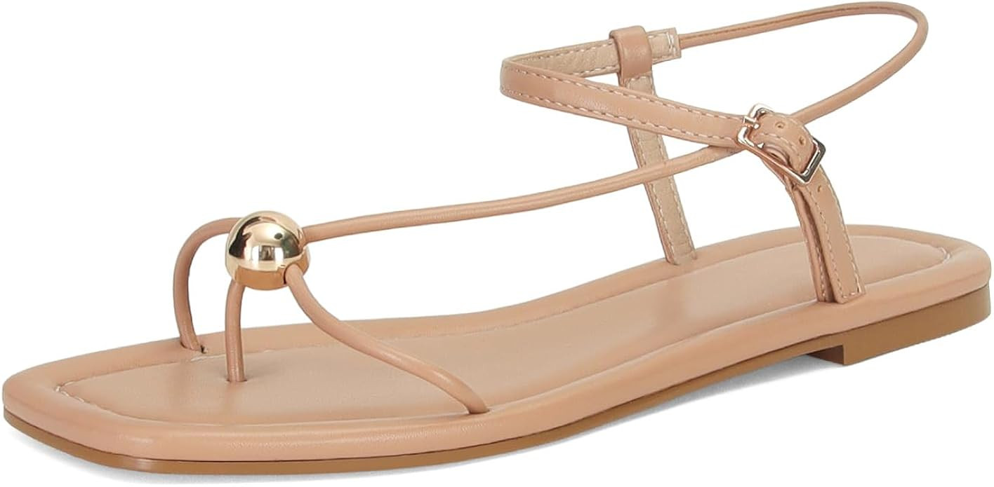 Strappy Flat Sandals for Women Comfortable Open Square Toe Sandals Dressy Beach Thong Flip Flop S... | Amazon (US)