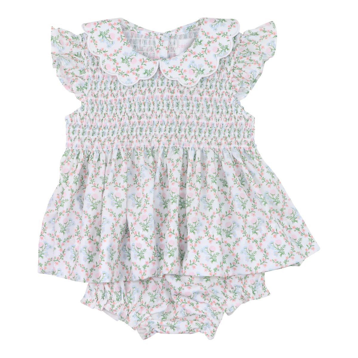 Smocked Pink And Blue Garden Print Diaper Set | Eliza James Kids