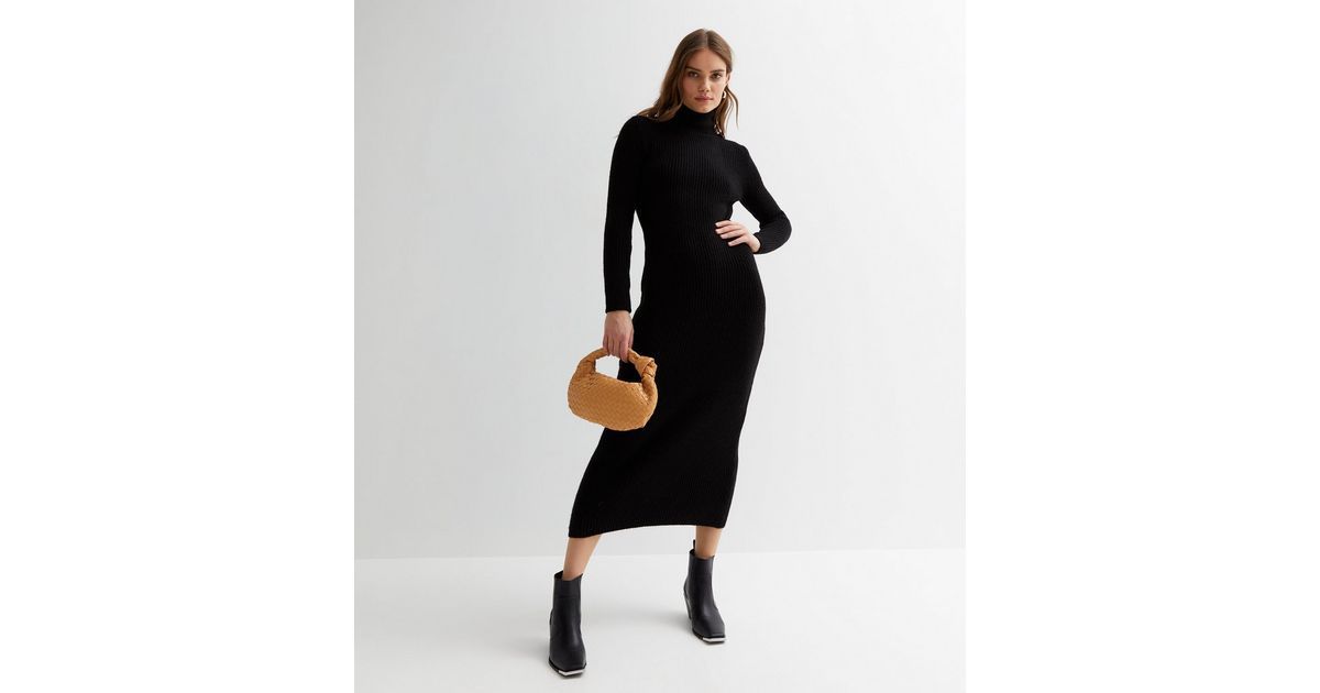 Black Ribbed Knit Roll Neck Long Sleeve Midi Bodycon Dress | New Look | New Look (UK)