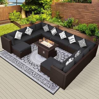 15-Piece Wicker Outdoor Sectional Patio Furniture Conversation Set with 60,000 BTU Fire Pit Table, Dark Gray Cushions | The Home Depot