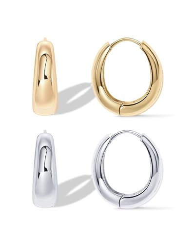 PAVOI 14K Yellow Gold & Rhodium Plated Sterling Silver Post Small Chunky Hoops Earrings Pack | Thick Lightweight Hoop Earrings Set for Women | Amazon (US)