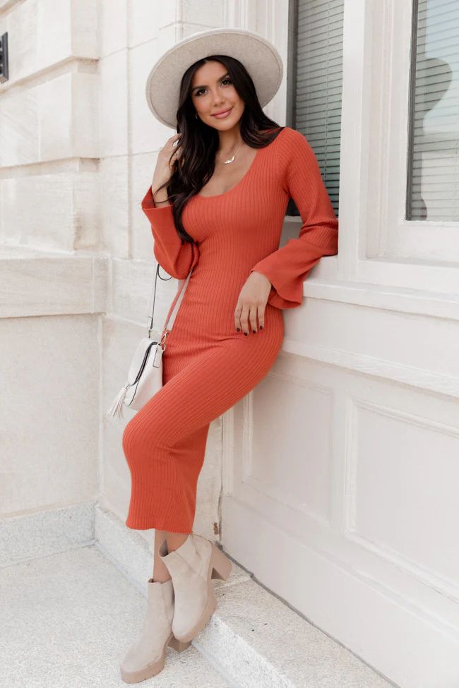 Believing In You Rust Scoop-Neck Long Bell Sleeve Midi Dress | Pink Lily