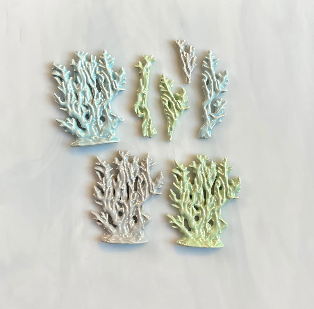 Ceramic Coral or Seaweed Tiles, 7pcs, Blue Gray Green Pastels, Ocean Sea Theme, Coral Reef, Sea, ... | Etsy (US)