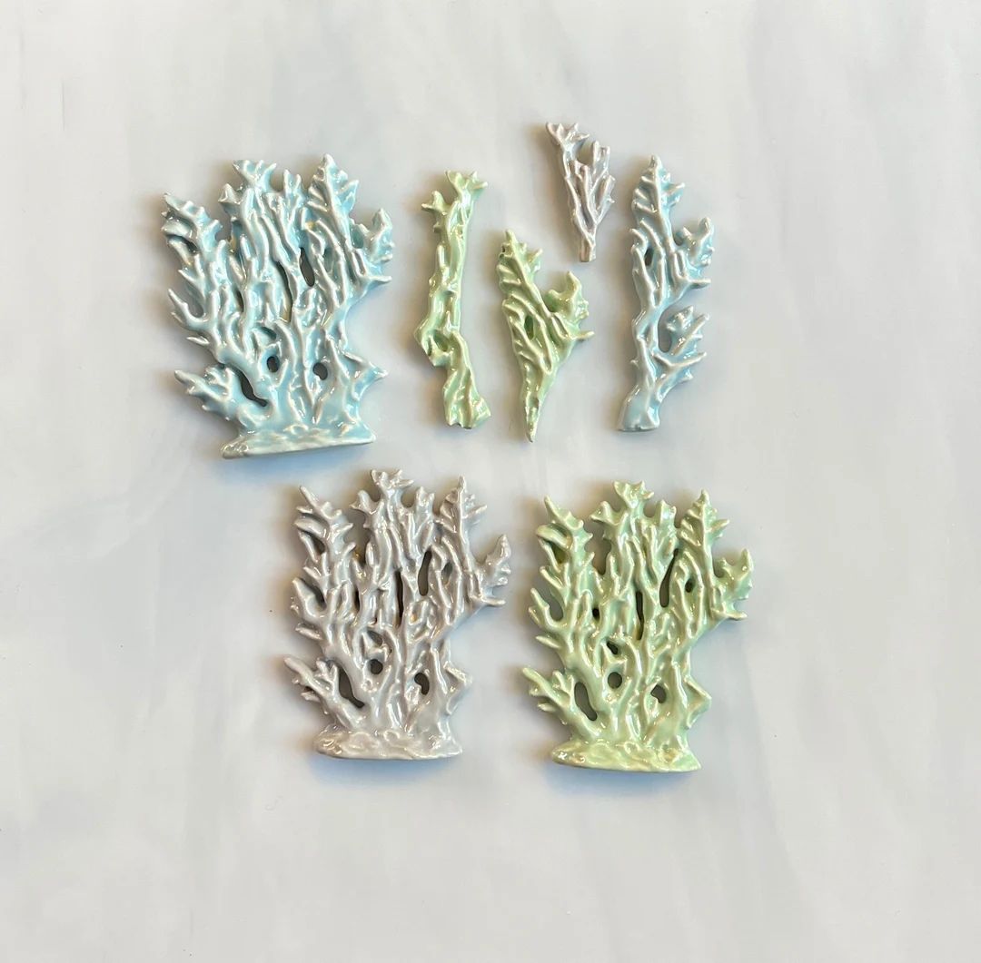 Ceramic Coral or Seaweed Tiles, 7pcs, Blue Gray Green Pastels, Ocean Sea Theme, Coral Reef, Sea, ... | Etsy (US)