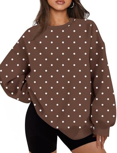 calbatic Women Polka Dot Sweatshirt Oversized Graphic Crewneck Long Sleeve Fleece Pullover Y2K Casual Hoodies Brown | Amazon (US)