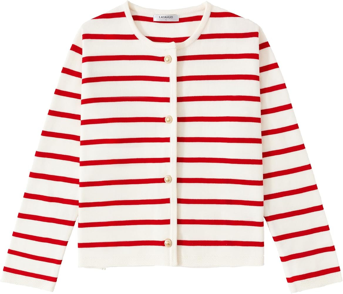 Women's Striped Cardigan Sweater Trendy Long Sleeve Button Down Crewneck Knit Cardigans | Amazon (US)