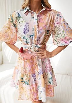 futurino Women Single Breasted A-line Dress, Floral Printed Boho Style Lantern Short Sleeve with ... | Amazon (US)