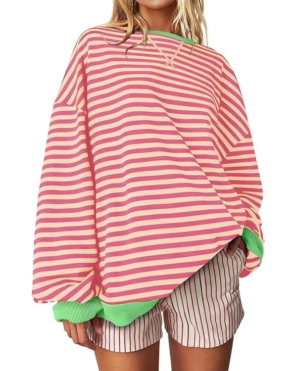 UEU Women Oversized Striped Crewneck Sweatshirt Long Sleeve Color Block Pullover Tops Casual Loos... | Amazon (US)