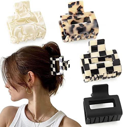 Checkered Tortoise Hair Clips for Women - 4Pcs 2" Small Acetate Claw Barrettes for Thick & Thin H... | Amazon (US)