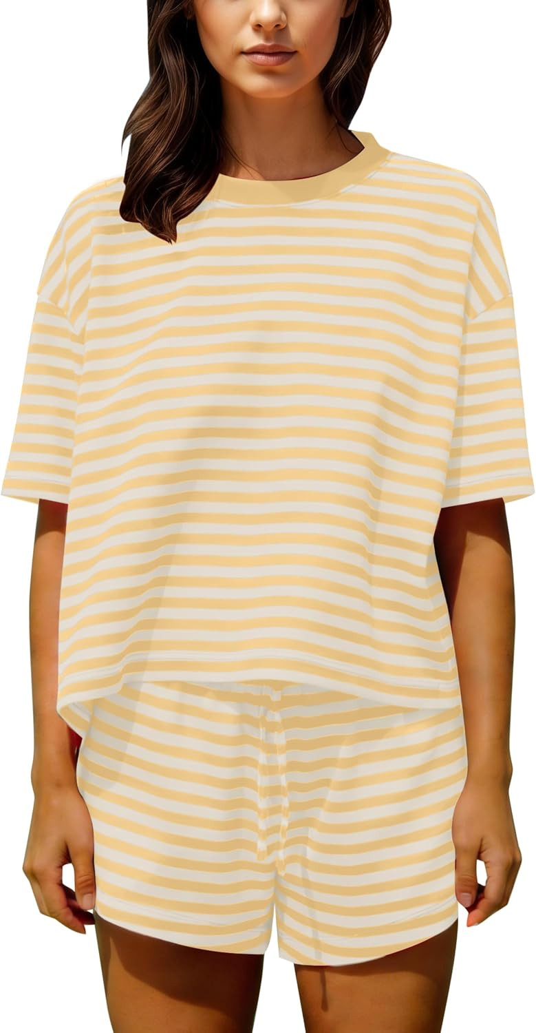 Ythomm Striped Pajamas Shorts Sets Women 2 Piece Lounge Outfits Short Sleeve Tees Drawstring Shorts Summer Matching Pj Sets | Amazon (US)