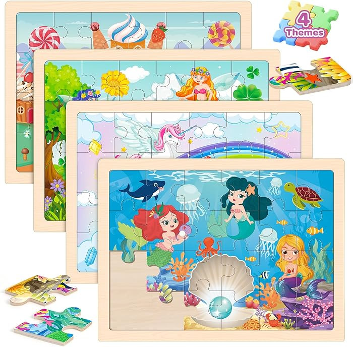 Puzzles for Kids Ages 4-6, 4 Packs Wooden Jigsaw Puzzles for Toddlers 2-4, Princess Unicorn Merma... | Amazon (US)