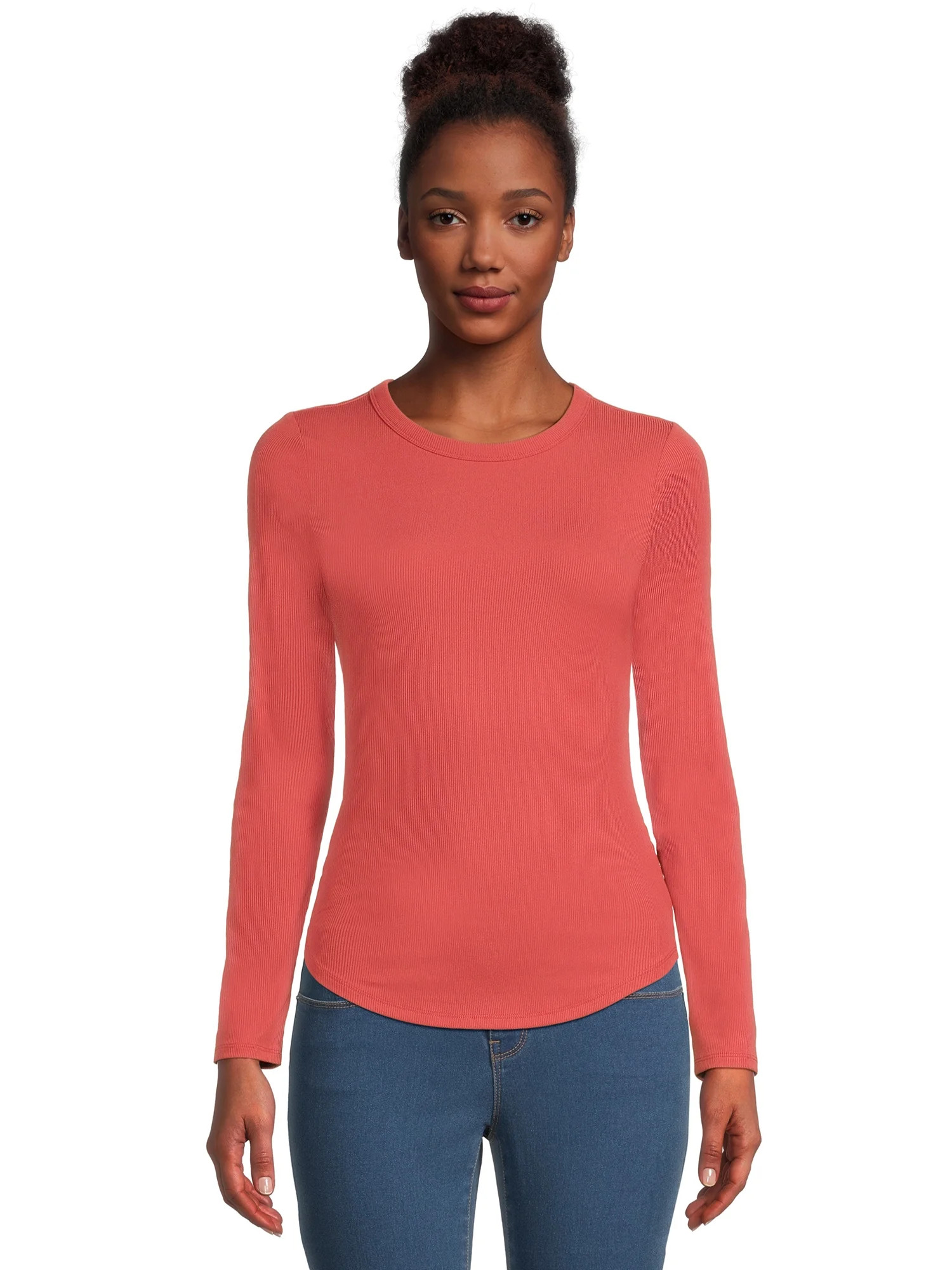 No Boundaries Juniors Ribbed Crewneck Tee with Long Sleeves, Sizes XS-XXXL | Walmart (US)