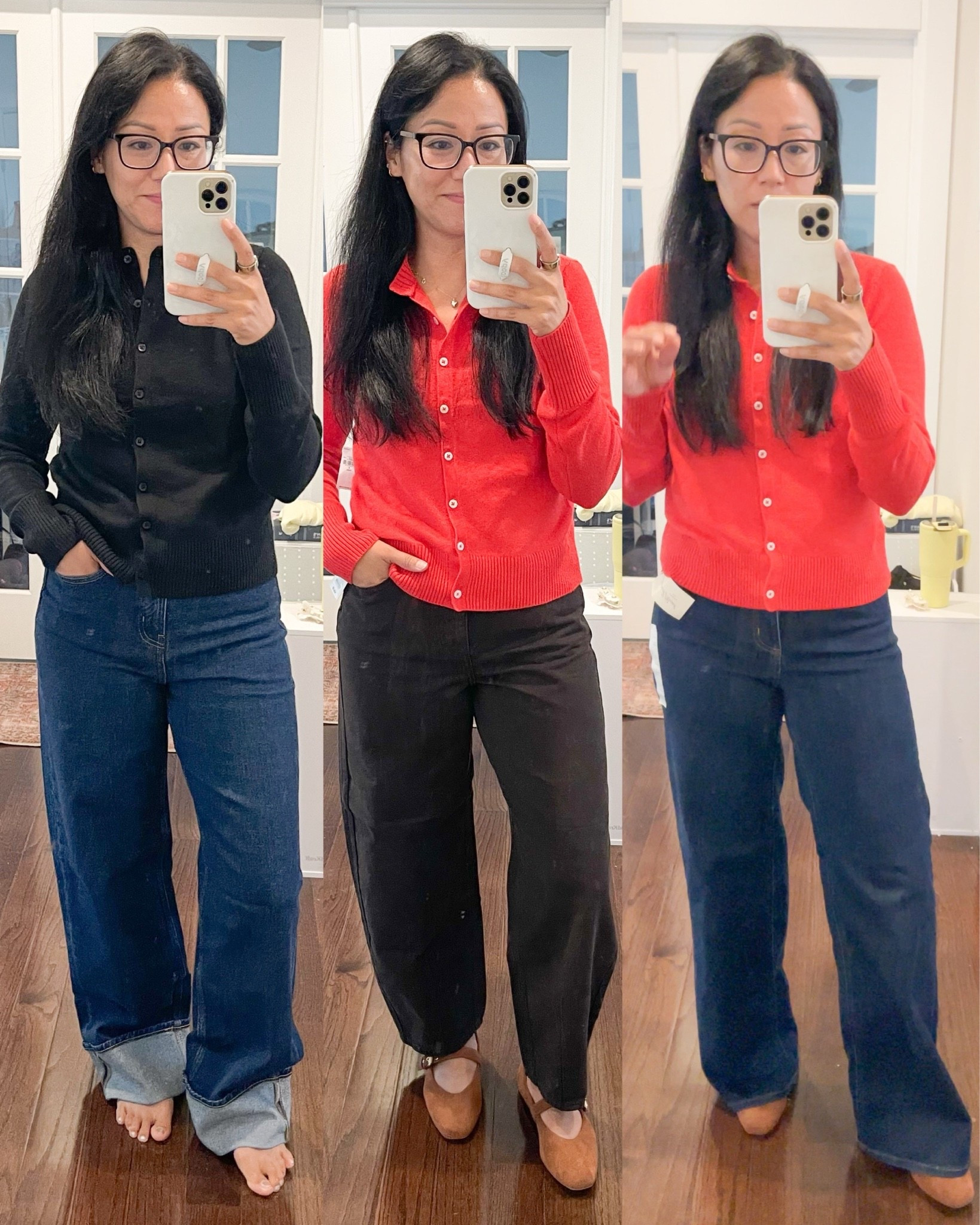 Size small tall cardigan
Size 4 cuffed jeans (would prefer size 2 petite)
Size 4 regular brown barrel jeans
Size up to 6 in dark wash wide leg jeans
Flats are true to size

#LTKSaleAlert #LTKOver40 #LTKSeasonal