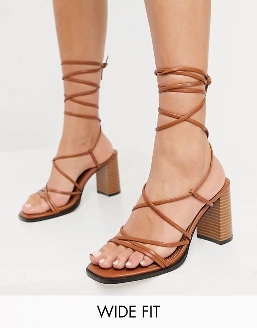 ASOS DESIGN Wide Fit Waterlily tie leg mid heeled sandals in tan | ASOS (Global)