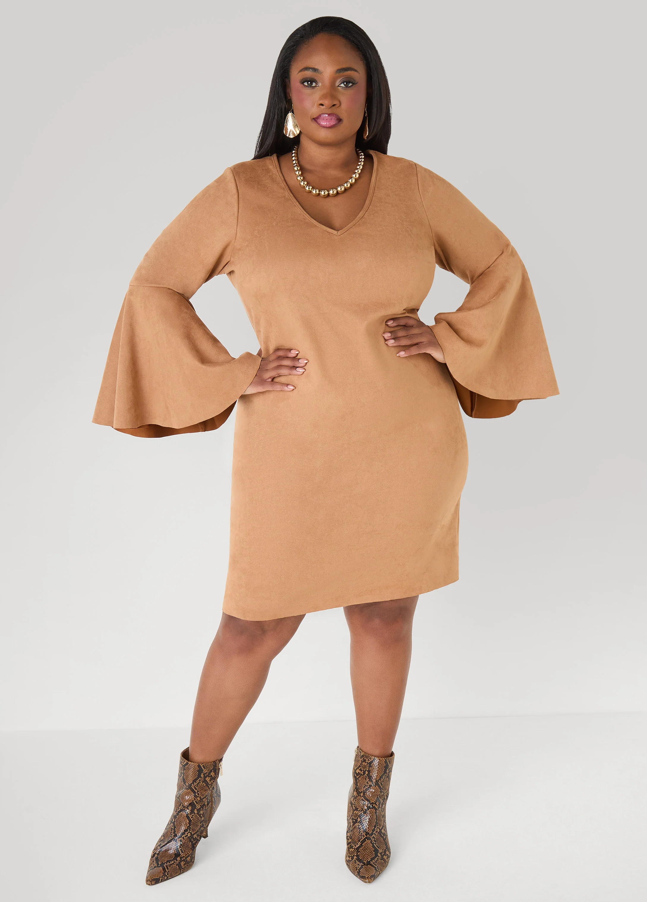 Bell Sleeved Faux Suede Dress | Ashley Stewart