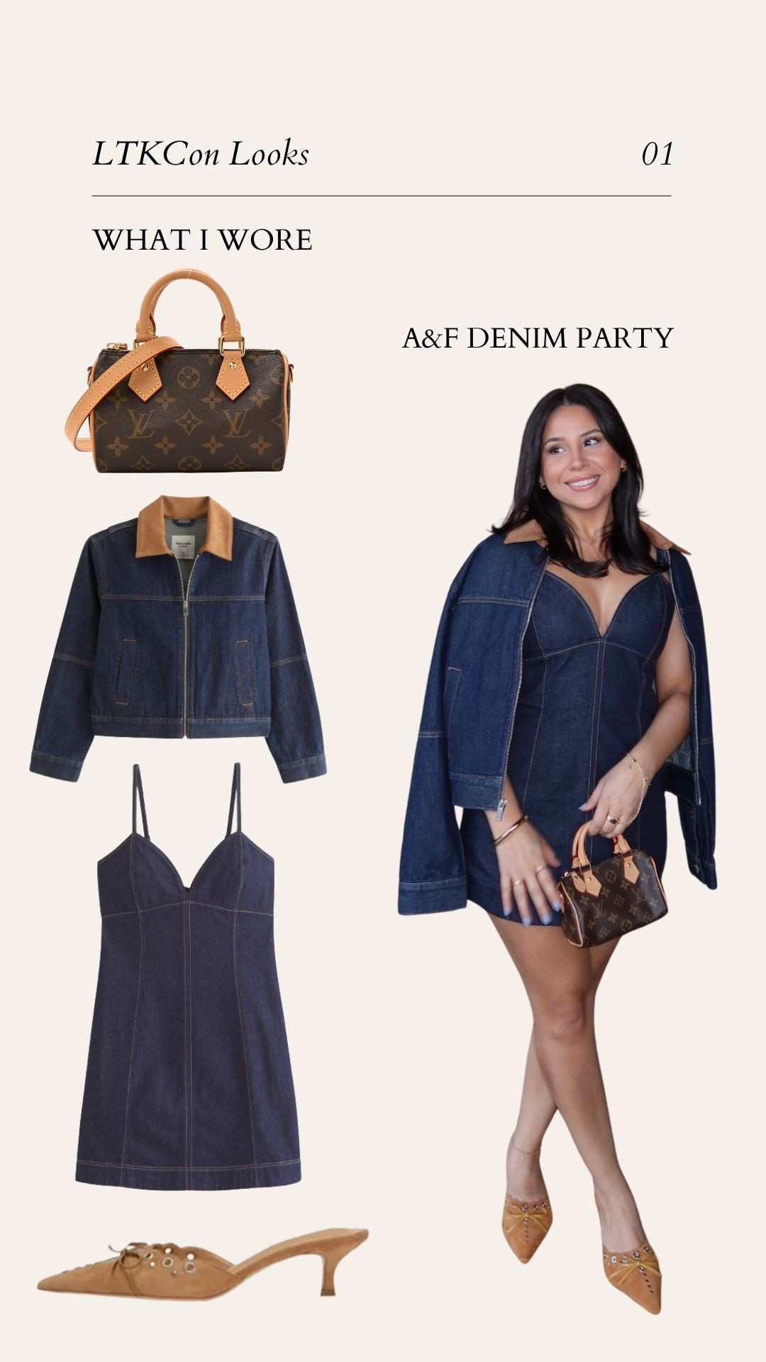 What I wore at Ltkcon 
Denim dress: small petite 
Denim jacket: small 
Tan kitten heels: 6.5 
Nano speedy bag 

#LTKPetite #LTKSeasonal #LTKFindsUnder100