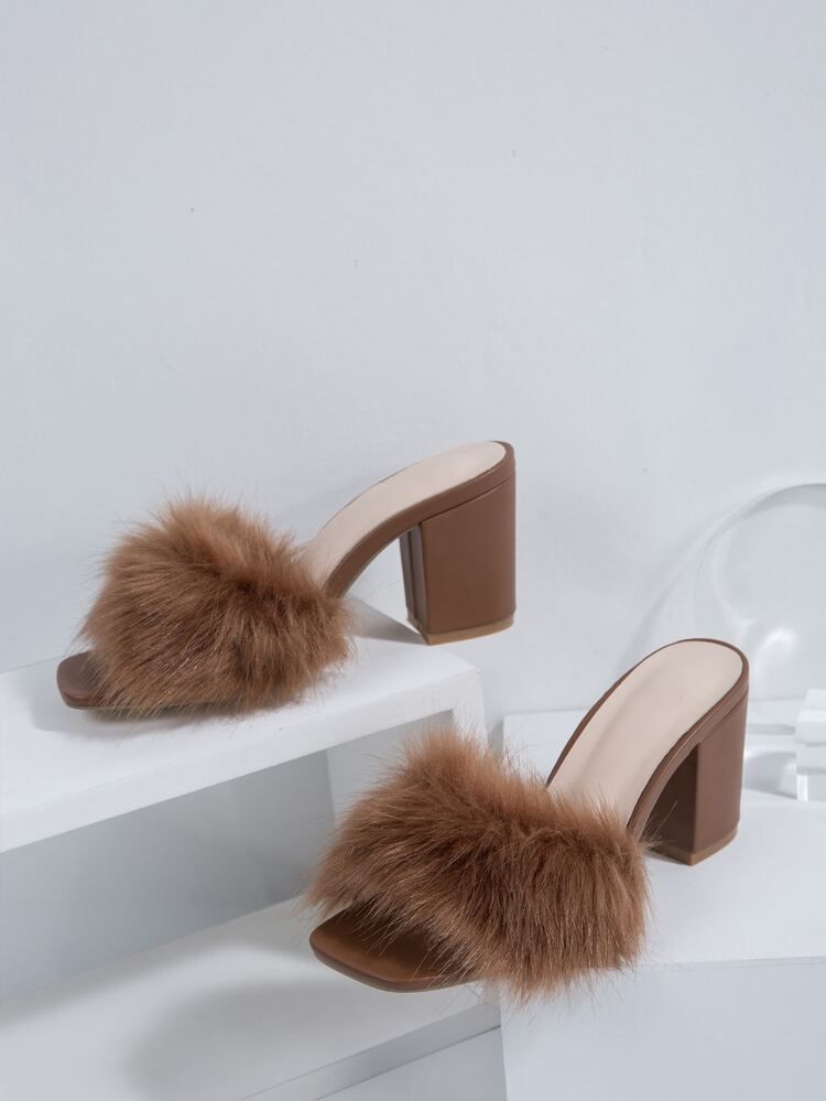 Fluffy Detail Chunky Heeled Mule Sandals | SHEIN