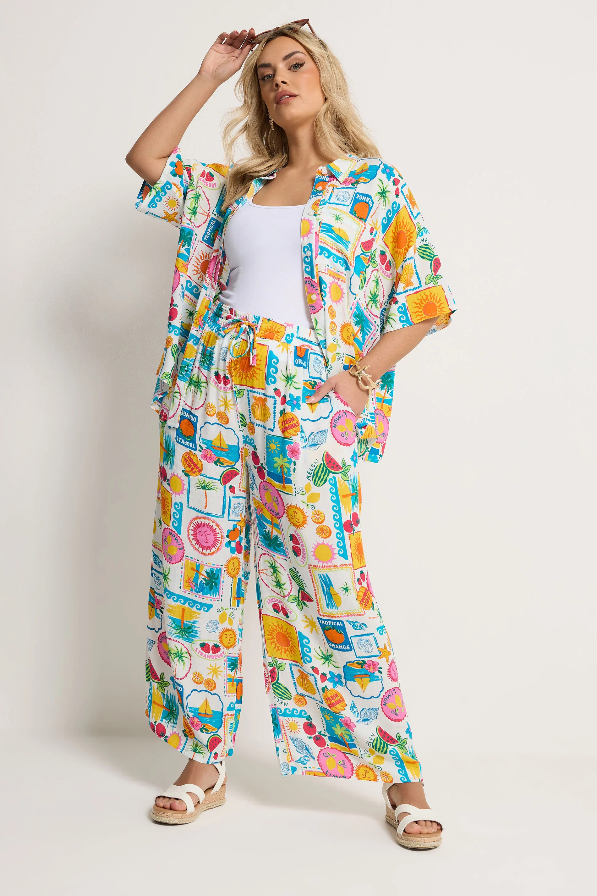 YOURS Plus Size White Postcard Print Crinkle Shirt | Yours Clothing UK