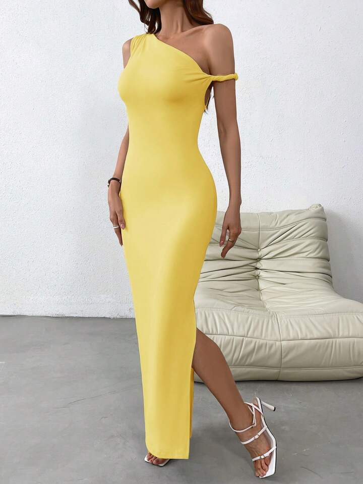 SHEIN Privé Solid Color Summer Split Shoulder Knitted Dress | SHEIN