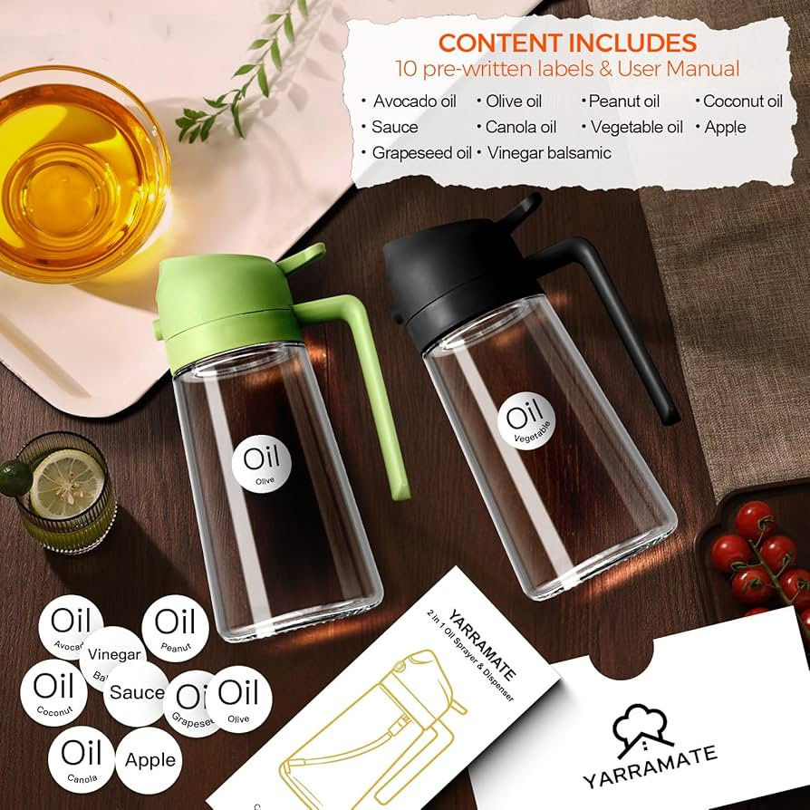YARRAMATE 16oz/470ml Glass Olive Oil Sprayer for Cooking with Stickers, 2 in 1 Oil Dispenser for ... | Amazon (US)