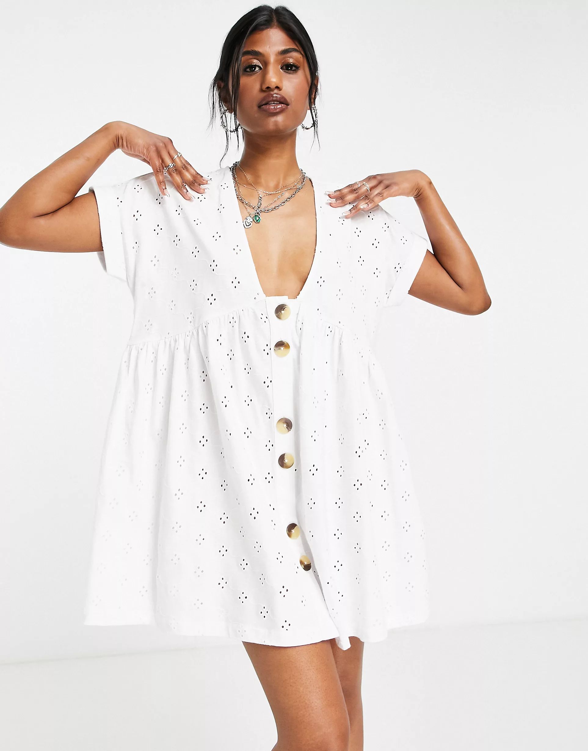 ASOS DESIGN broderie V-neck smock dress with large buttons in white | ASOS (Global)