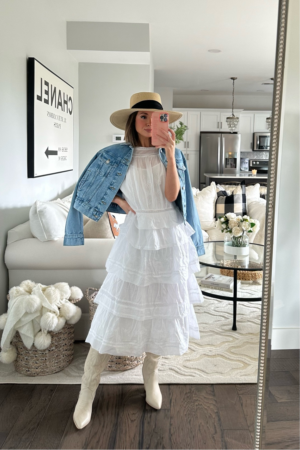 hm denim jacket (tts, xs)
banana republic white dress (sized down one to xxs - ON SALE!!)
steve madden white cowgirl boots (tts)
lulus straw hat with bow - 20% off your first purchase with PARDONMUAH20

other items from reel:
banana republic white mini dress (tts, xs)
chloe large woody basket tote
abercrombie oversized white shirt (xs)
loveshackfancy white mini skirt (tts, xs)

baublebar phone case 

#LTKsalealert #LTKshoecrush #LTKstyletip