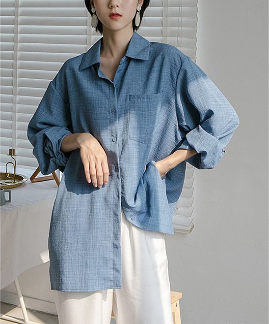 Miss Sweet Women's Button Down Shirts Blue - Blue Oversize Button-Up | Zulily