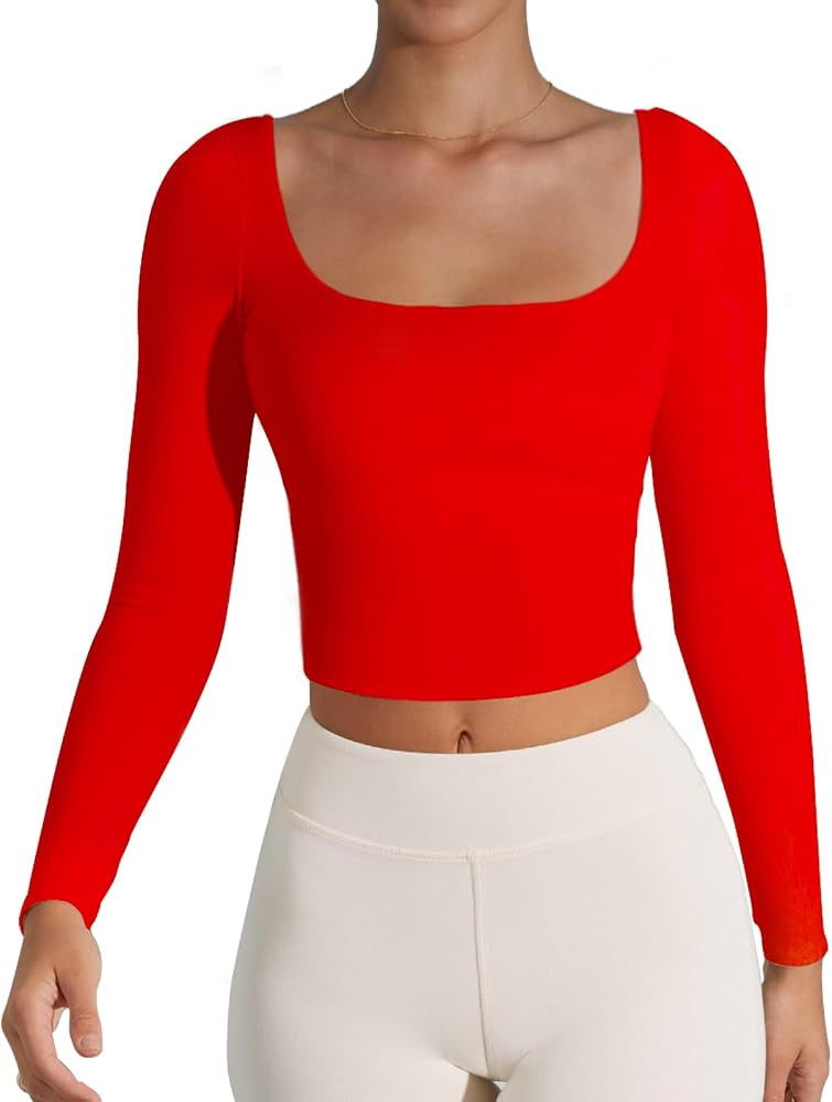 Women's Basic Long Sleeve Square Neck Crop Top Double Lined Slim Fit T-Shirt | Amazon (US)