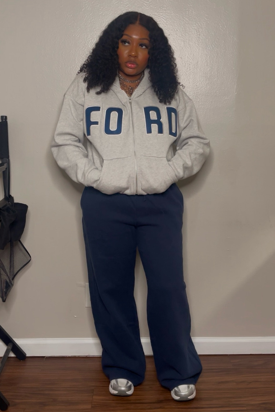 Gray Ford Zip Up & PacSun Sweatpants.